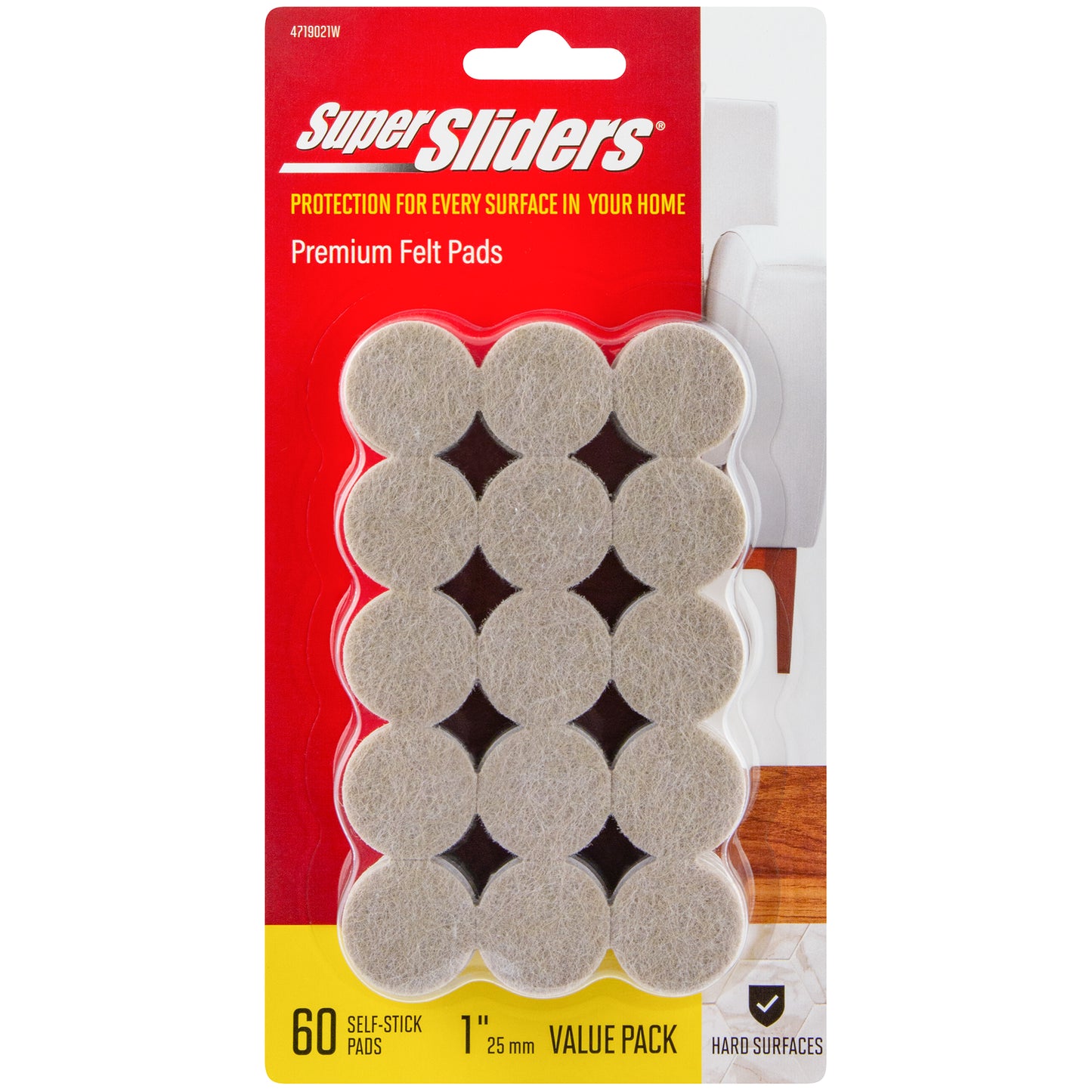 Super Sliders 1" wide Round Self Stick Felt Furniture Pads for Hardwood Beige, 60 Pack