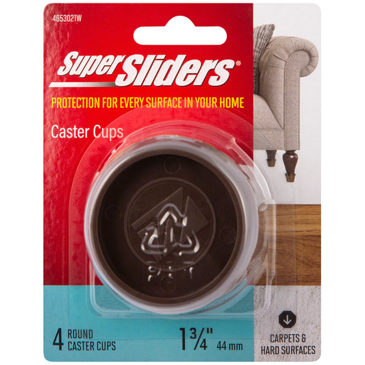 Super Sliders. Size 1 3/4" Round Furniture Caster Cup Vinyl for Carpet. Brown, 4 Pack