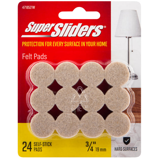 Super Sliders 3/4" Round Self Stick Felt Furniture Pads for Hardwood Beige, 24 Pack