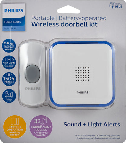 Philips Battery-Operated 32-Melody Door Chime, 1 Receiver, 1 Push Button, White, 6.4in, DES3140W/27