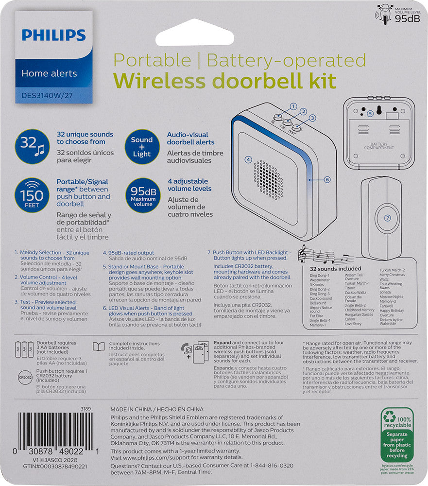 Philips Battery-Operated 32-Melody Door Chime, 1 Receiver, 1 Push Button, White, 6.4in, DES3140W/27